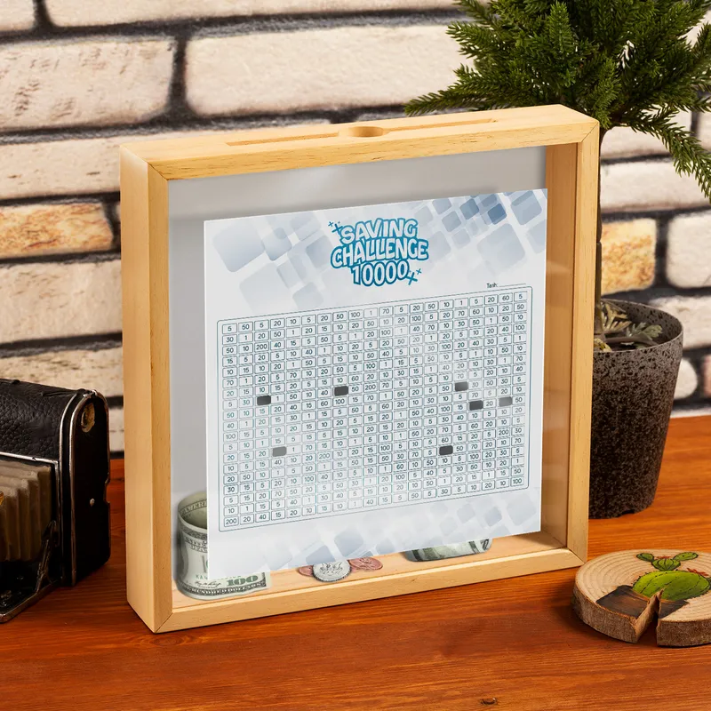 Wooden Saving Challenge Box With 3 Alternative Challenge Stickers