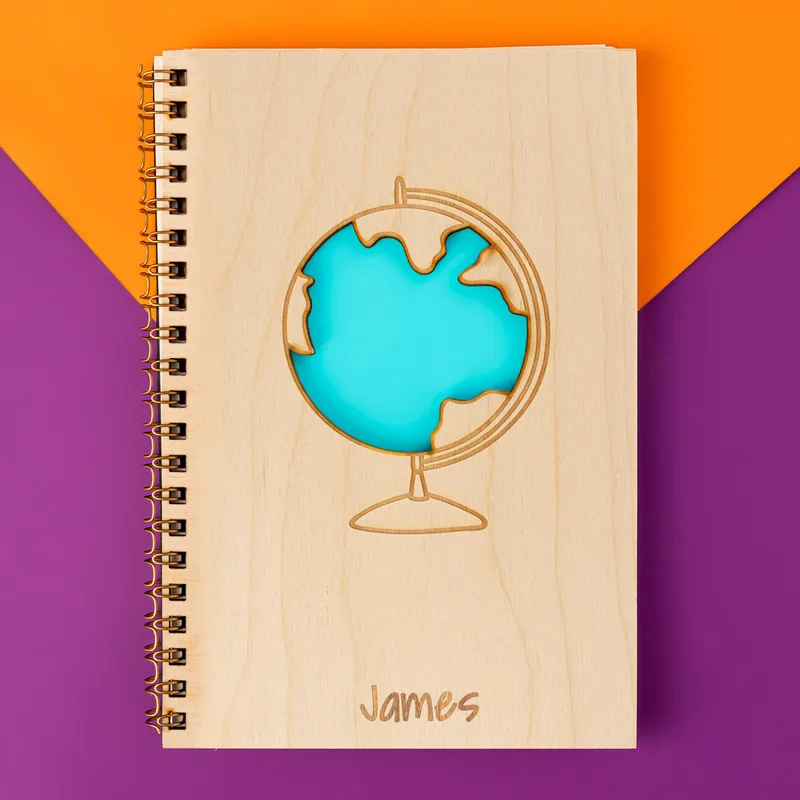Personalised Traveller's Wooden Notebook with World Design