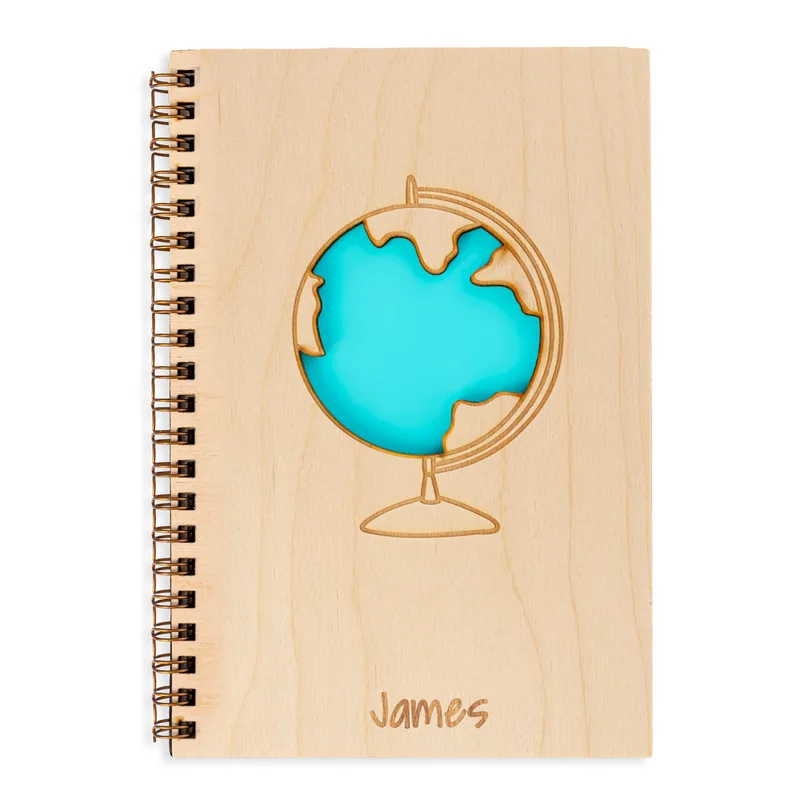 Personalised Traveller's Wooden Notebook with World Design