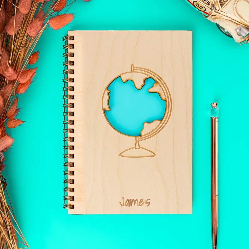 Personalised Traveller's Wooden Notebook with World Design