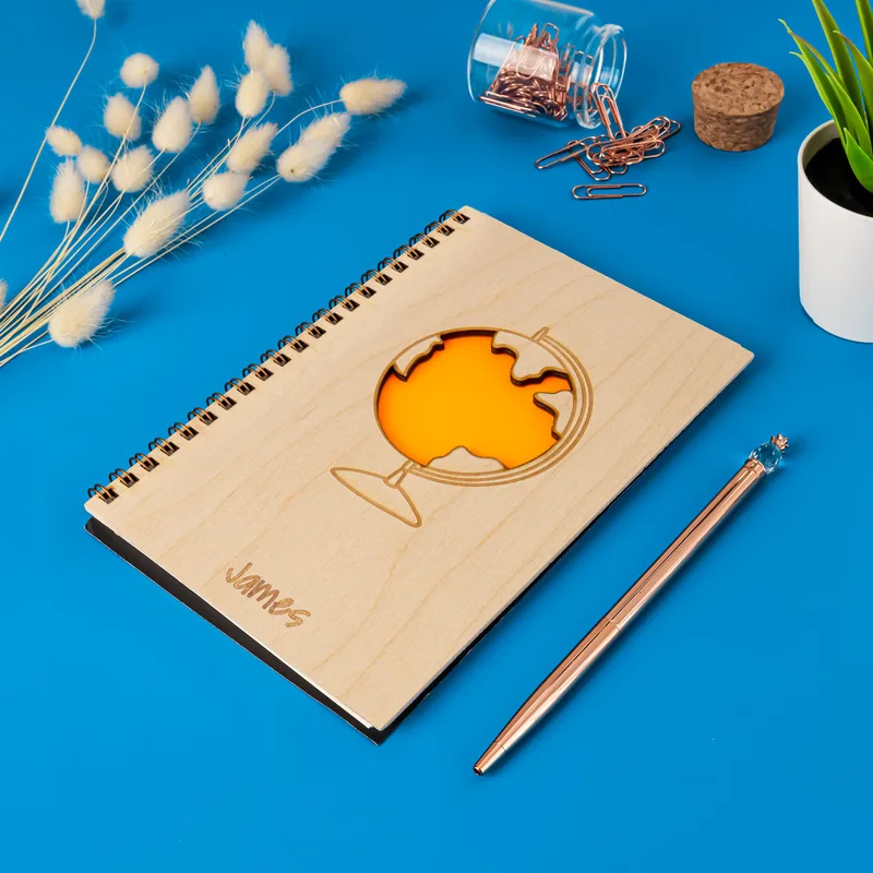 Personalised Traveller's Wooden Notebook with World Design