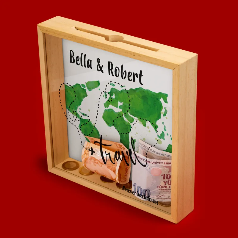 World Map Design Personalized Wooden Piggy Bank Collection Box