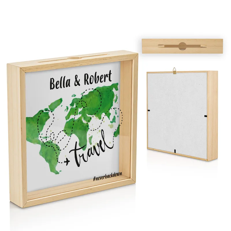World Map Design Personalized Wooden Piggy Bank Collection Box