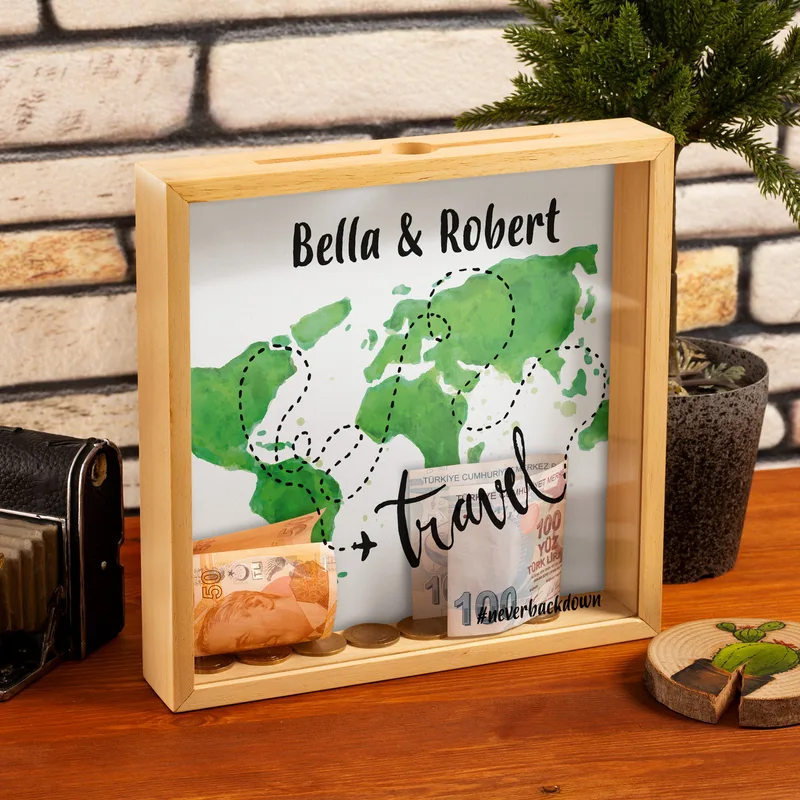 World Map Design Personalized Wooden Piggy Bank Collection Box