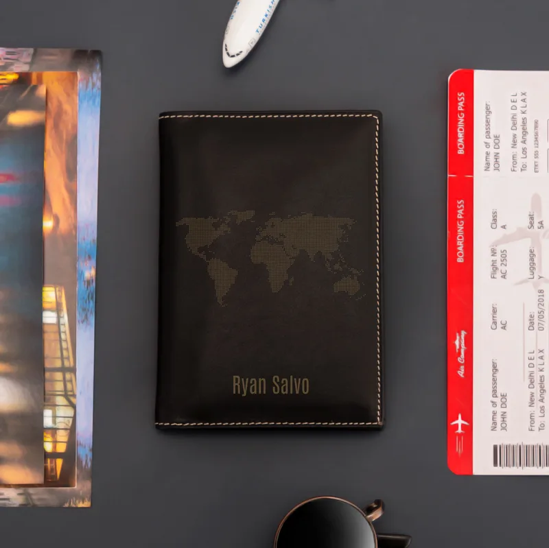 Personalised Leather Passport Holder with World Map Design