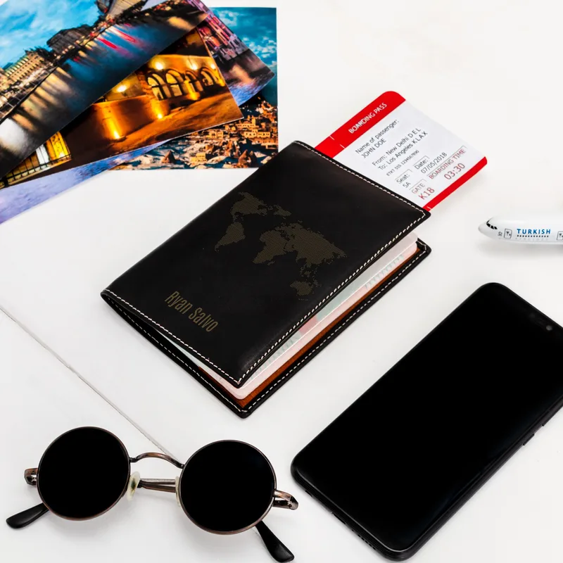 Personalised Leather Passport Holder with World Map Design
