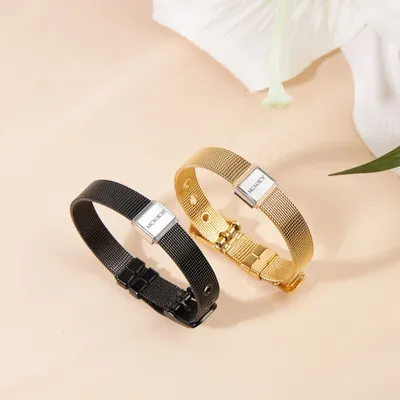 2pcs Gold and Black Personalized Steel Mesh Bracelet Set with Roman Numeral Date for Couples
