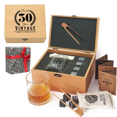 30 Years Old Desing Wooden Box Glasgow Whiskey Glass and Cooling Stones Set