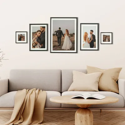 5pcs Decorative Black Photo Frames Set with Mat Bordered Printed Pictures