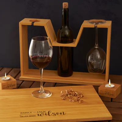 Anniversary Gifts Personalized Wine Rack with Cheese Board and Candles Set