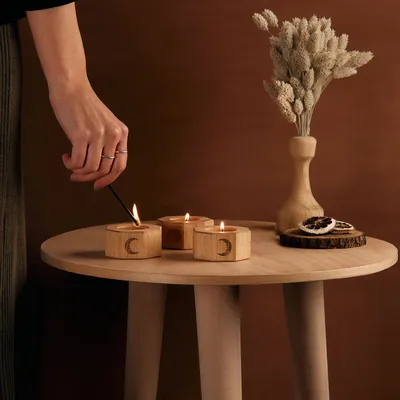 Artisan Floral Carved Wooden Candle Holder Set