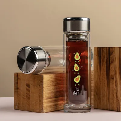 Avacado Printed Double Walled Glass Thermos