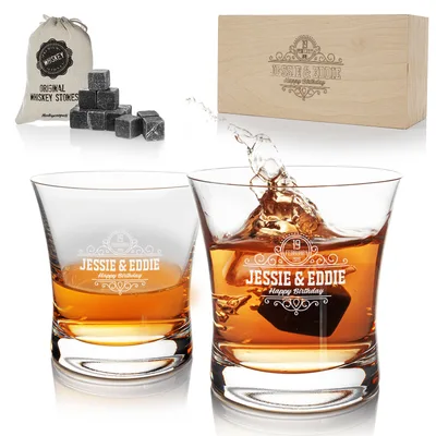 Birthday Gifts 2 Piece Personalized Whiskey Glasses Set with Wooden Box