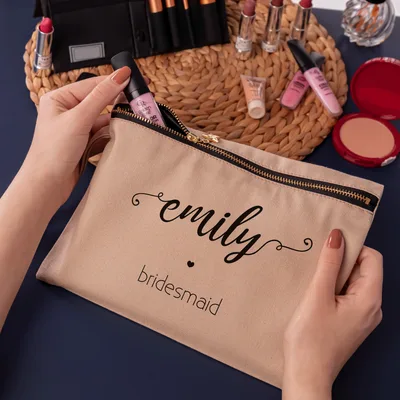 Bridesmaid Designed Personalized Beige Canvas Makeup Bag