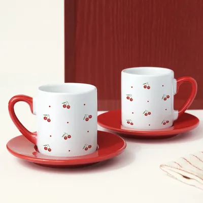 Cherry Print Coffee Cup Set for Women and Friends