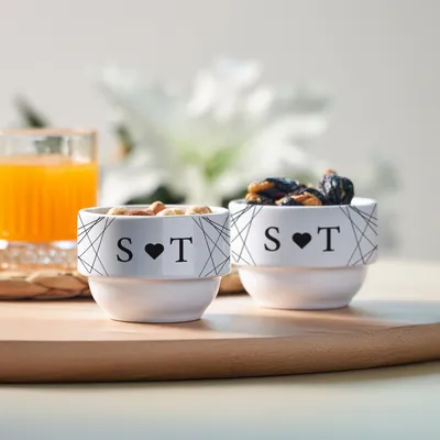 Custom Initials Ceramic Bowls with Heart Design - Set Of 2