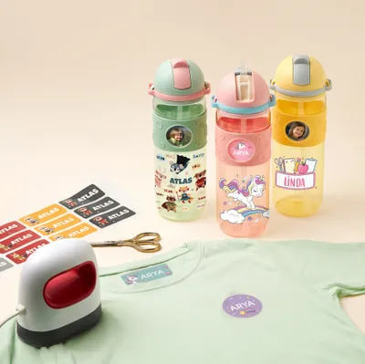 Custom Kids School Set – Water Bottle, Name Stickers or Iron-On Clothing Labels