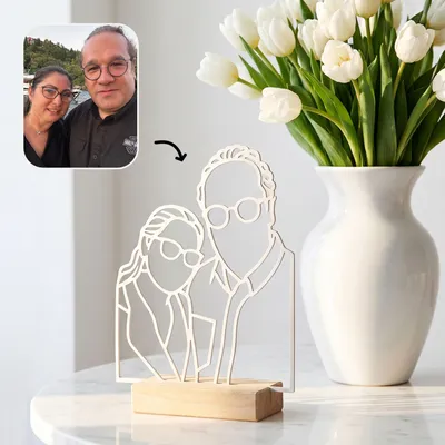 Custom Line Art Couple Portrait with Wood Stand