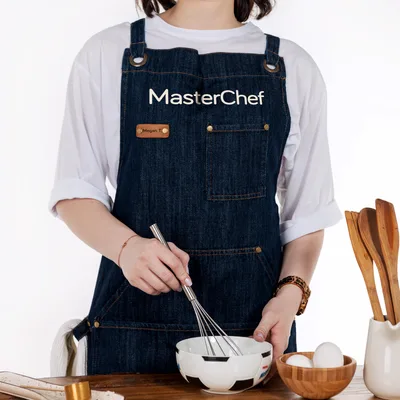 Custom MasterChef Denim Apron with Leather Accents for Cooking Enthusiasts