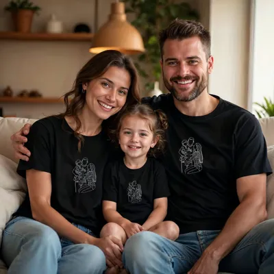 Custom Photo Line Art Family Matching T-Shirt Set of 3