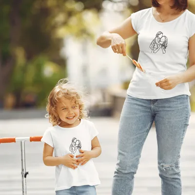 Custom Photo Line Art Mom and Child Matching T-Shirts
