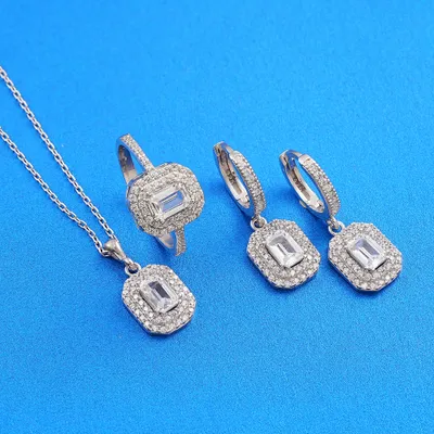 Elegant Silver Jewelry Set with Baguette-Cut Zirconia for Her