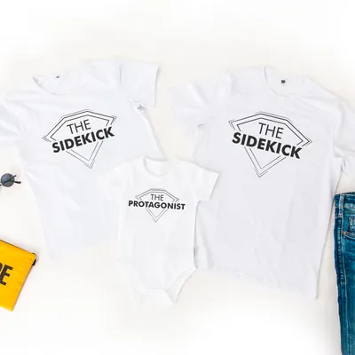 Family T-Shirt and Baby Onesie Set with Protagonist Design
