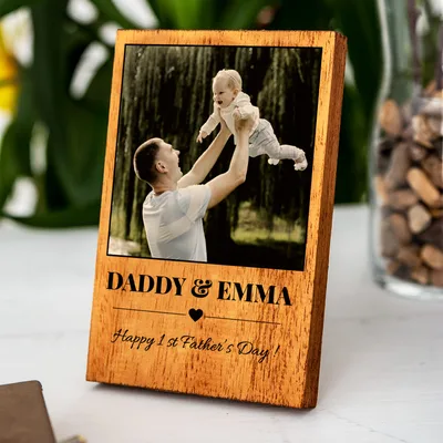 First Father's Day Gift for Dad Name and Photo Printed Wooden Frame with Special Message