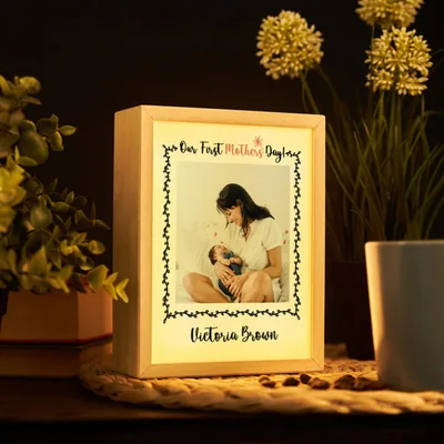 First Mother's Day Gift for Mom Photo and Name Printed Wooden Picture Frame and Decorative LED Lamp