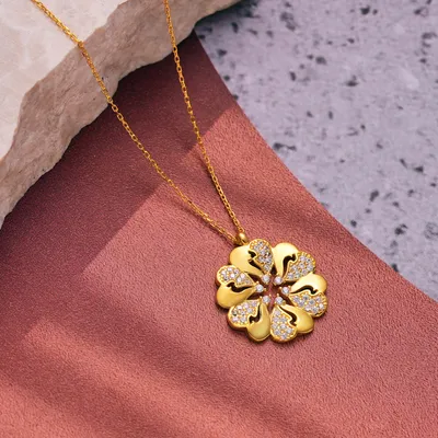 Flower made of Heart Pendant Gold Plated Necklace with Zircon Stones
