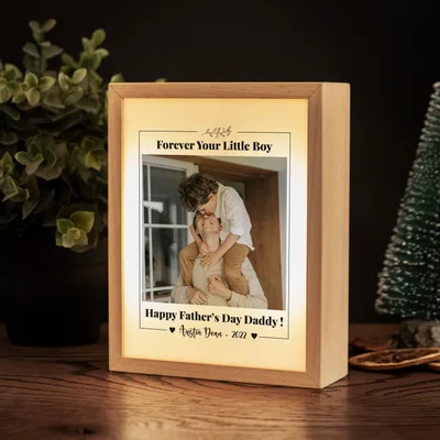 Forever your Little Boy Gift for Father with Photo and Name Printed Wooden Picture Frame and Decorative LED Lamp