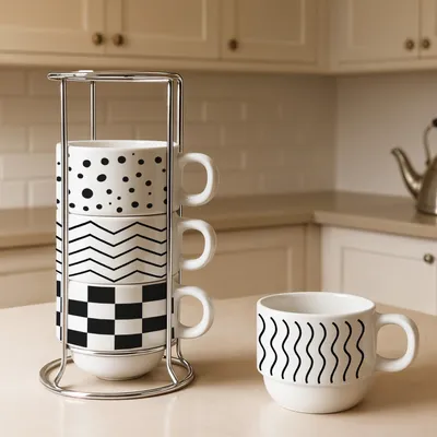 Geometric Patterned 4-Piece Mug Set with Stand