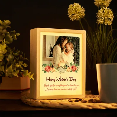 Gift for Mom with Photo and Name Printed Wooden Picture Frame and Decorative LED Lamp