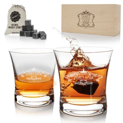 Gifts for Boyfriend Personalized 2 Piece Whiskey Glasses Set with Wooden Box