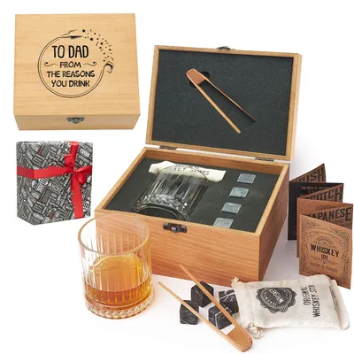 Gifts for Dad Wooden Box Glasgov Whiskey Glass and Cooling Stones Set