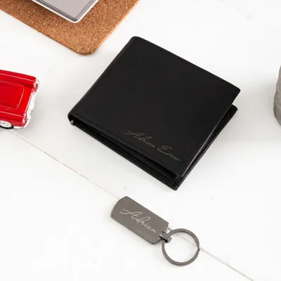 Personalised Leather Wallet and Keyring Gift Set for Men