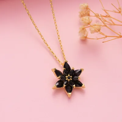 Gold Plated Necklace with Black Lotus Pendant