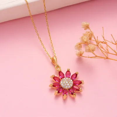 Gold Plated Necklace with Flower Pendant with Pink Zirconia Stones