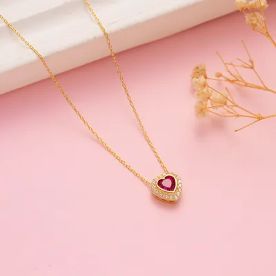 Gold Plated Necklace with Heart Pendant Made of Zirconia Stones