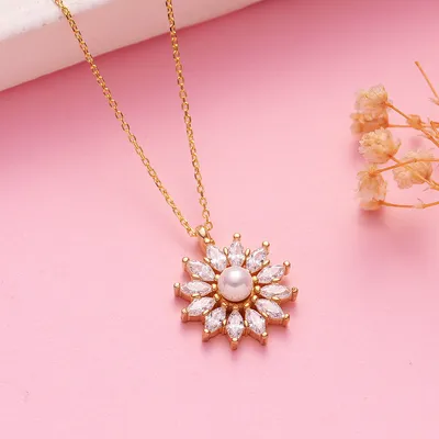 Gold Plated Necklace with Pearl Flower Pendant