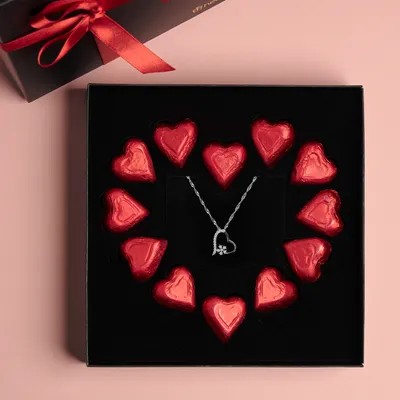 Heart Chocolate and Silver Necklace Gift Set for Her