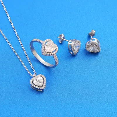 Heart Shaped Solitaire Necklace, Ring, and Earrings Set