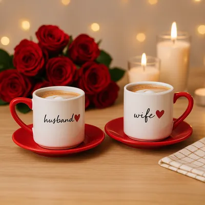 Husband & Wife Red Heart Coffee Mug Set