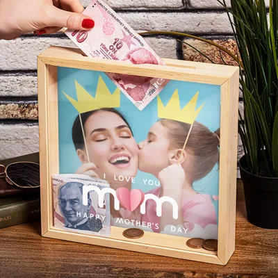 I Love You Mom Mother's Day Gifts Photo Printed Wooden Piggy Bank Keepsake Box