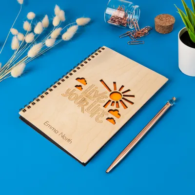 Live Your Life Name Written Motto Wooden Cover Notebook