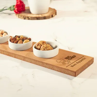 Logo Engraved Wooden Serving Kit with 3 Mini Bowls