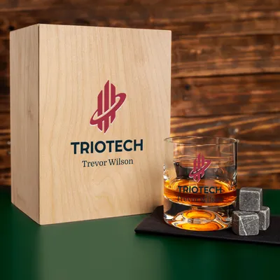 Logo Printed Wooden Boxed Whiskey Goblet - Cooler Stone Set