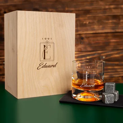 Minimal Initial Design Whiskey Glass Set Wooden Box