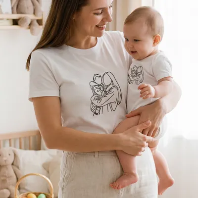 Mom’s First Mother’s Day Gift Custom Matching Line Art T-shirt Set