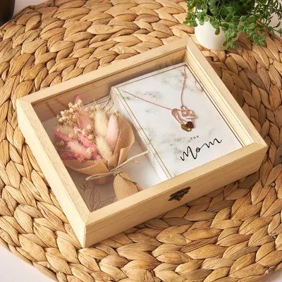 Mom's Love Necklace and Flower Bouquet Wooden Gift Box Set
